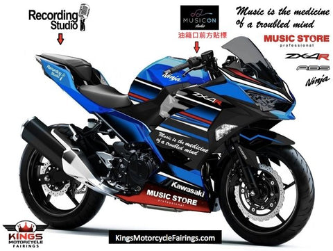 Fairing kit for a Kawasaki Ninja 400 (2018-2023) Black, Blue, White & Red