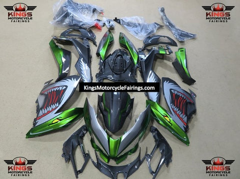 Fairing kit for a Kawasaki Ninja 400 (2018-2023) Green, Silver, Red & Faux Carbon Fiber Shark