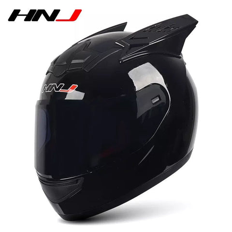 Black HNJ Motorcycle Helmet with Horns & Blue Visor