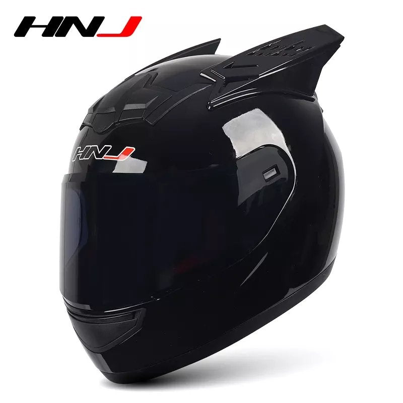 Black HNJ Motorcycle Helmet with Horns & Black Visor