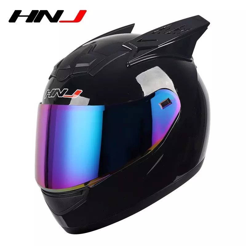 Black HNJ Motorcycle Helmet with Horns & Blue Visor