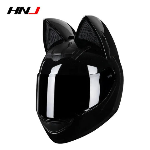 Black HNJ Motorcycle Helmet with Cat Ears & Black Visor