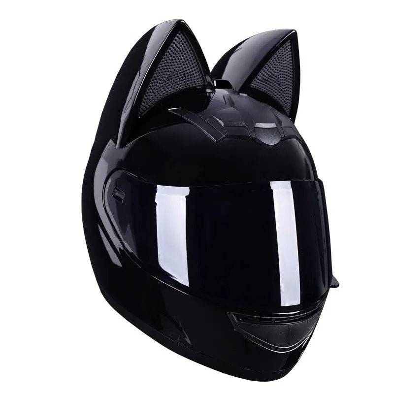 Black HNJ Motorcycle Helmet with Cat Ears & Black Visor