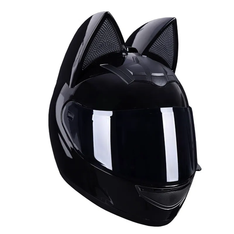 Black HNJ Motorcycle Helmet with Cat Ears & Gold Visor