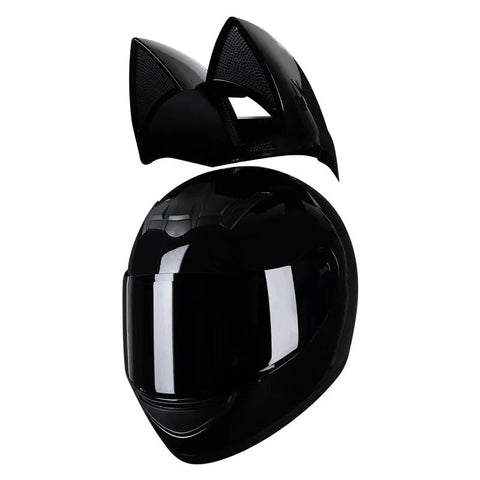 Black HNJ Motorcycle Helmet with Cat Ears & Black Visor