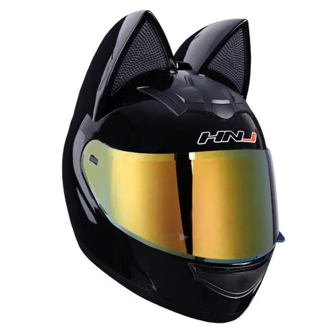 Black HNJ Motorcycle Helmet with Cat Ears & Black Visor