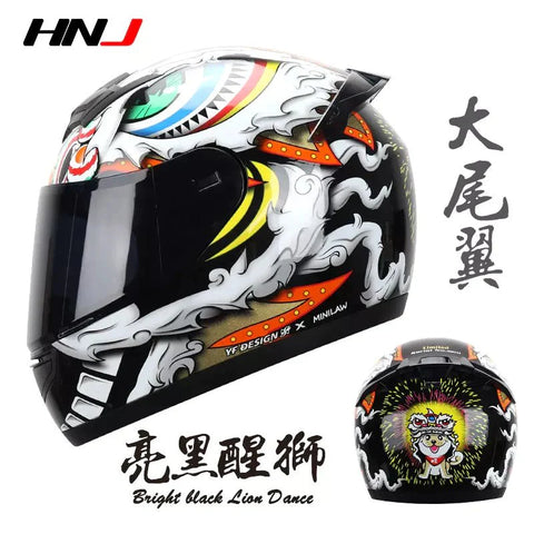 Black Lion Dog HNJ Motorcycle Helmet with Clear Visor