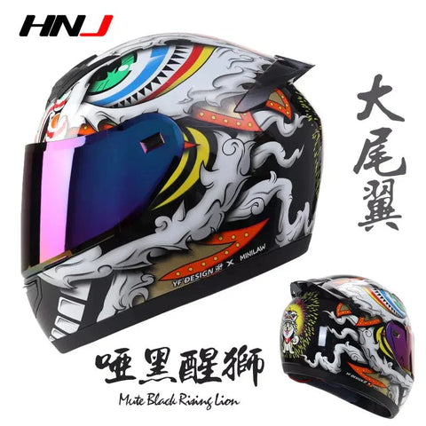 Black Lion Dog HNJ Motorcycle Helmet with Clear Visor