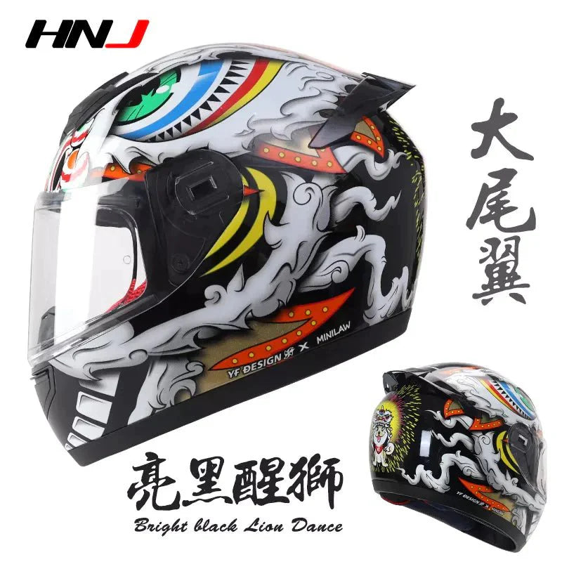 Black Lion Dog HNJ Motorcycle Helmet with Clear Visor