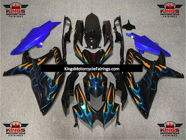 Suzuki GSXR600 (2008-2010) Black, Blue & Orange Flame Fairings