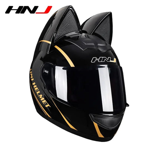 Black & Gold HNJ Motorcycle Helmet with Cat Ears & Gold Visor