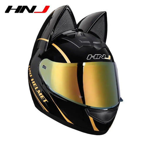 Black & Gold HNJ Motorcycle Helmet with Cat Ears & Black Visor