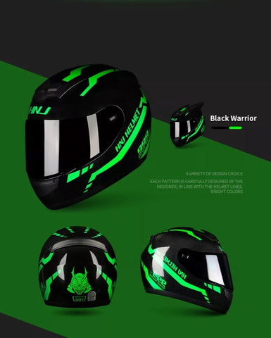 Black & Green Warrior 999 HNJ Motorcycle Helmet with Horns & Blue Visor