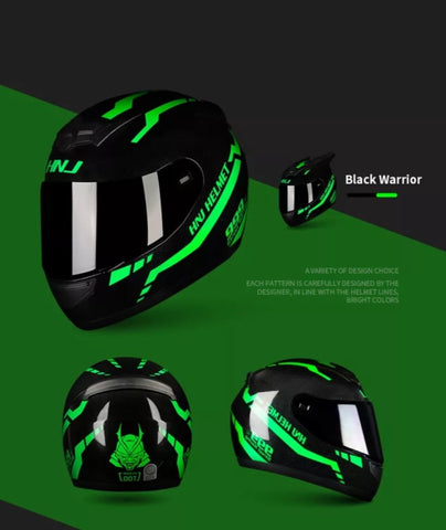 Black & Green Warrior 999 HNJ Motorcycle Helmet with Horns & Black Visor