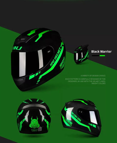 Black & Green Warrior 999 HNJ Motorcycle Helmet with Horns, Braids & Black Visor