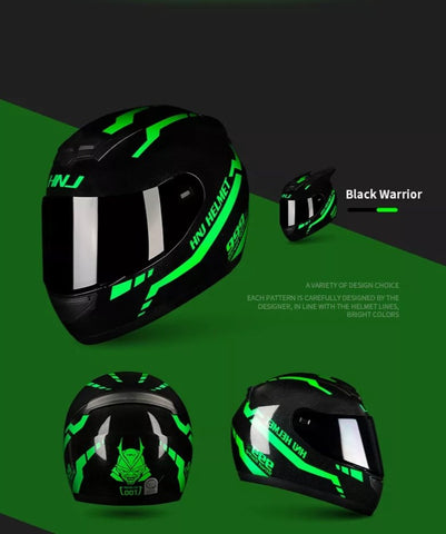 Black & Green Warrior 999 HNJ Motorcycle Helmet with Horns, Braids & Blue Visor