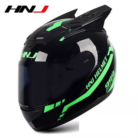 Black & Green Warrior 999 HNJ Motorcycle Helmet with Horns & Black Visor