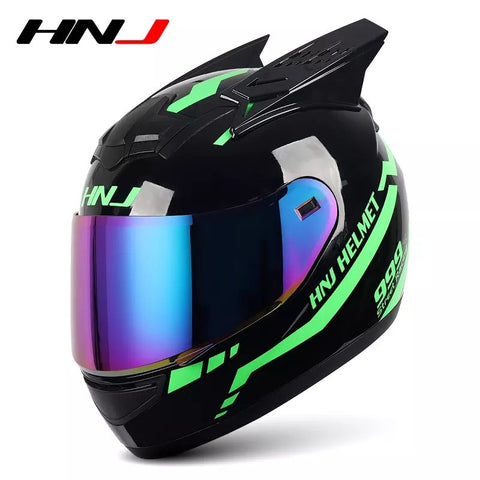 Black & Green Warrior 999 HNJ Motorcycle Helmet with Horns & Black Visor