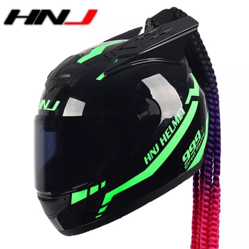 Black & Green Warrior 999 HNJ Motorcycle Helmet with Horns, Braids & Black Visor