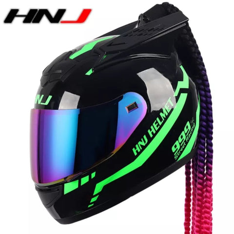 Black & Green Warrior 999 HNJ Motorcycle Helmet with Horns, Braids & Black Visor