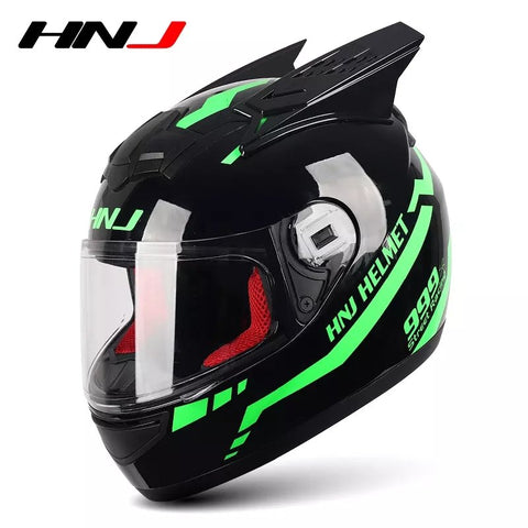 Black & Green Warrior 999 HNJ Motorcycle Helmet with Horns & Black Visor