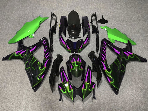 Suzuki GSXR600 (2008-2010) Black, Green & Purple Flame Fairings