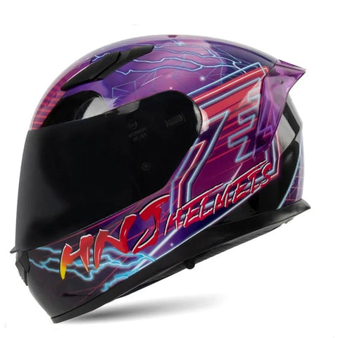 Black & Purple Lightning HNJ Motorcycle Helmet with Blue Visor