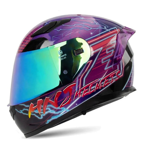 Black & Purple Lightning HNJ Motorcycle Helmet with Blue Visor