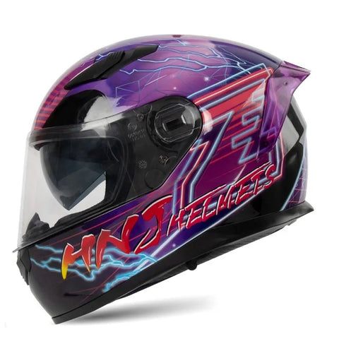 Black & Purple Lightning HNJ Motorcycle Helmet with Blue Visor