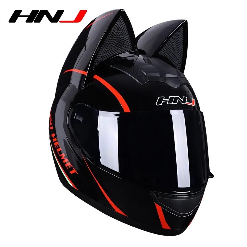 Black & Red HNJ Motorcycle Helmet with Cat Ears