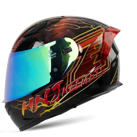 Black & Red Lightning HNJ Motorcycle Helmet with Clear Visor