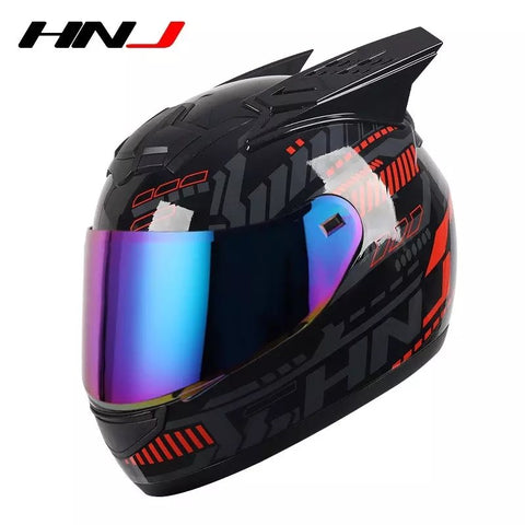 Black, Red & Gray Pulse HNJ Motorcycle Helmet with Horns & Braids