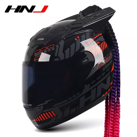 Black, Red & Gray Pulse HNJ Motorcycle Helmet with Horns & Braids