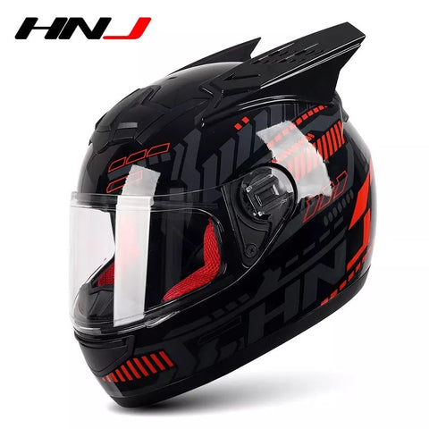 Black, Red & Gray Pulse HNJ Motorcycle Helmet with Horns & Braids