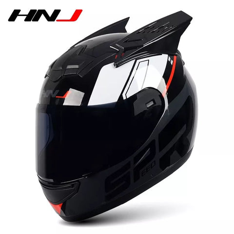 Black, Red, Dark Gray & White HNJ Motorcycle Helmet with Horns & Black Visor