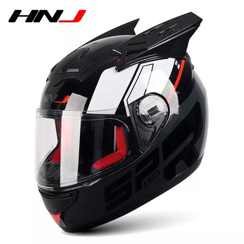 Black, Red, Dark Gray & White HNJ Motorcycle Helmet with Horns & Black Visor