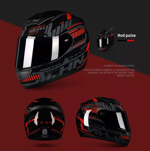 Black, Red & Gray Pulse HNJ Motorcycle Helmet with Horns & Braids