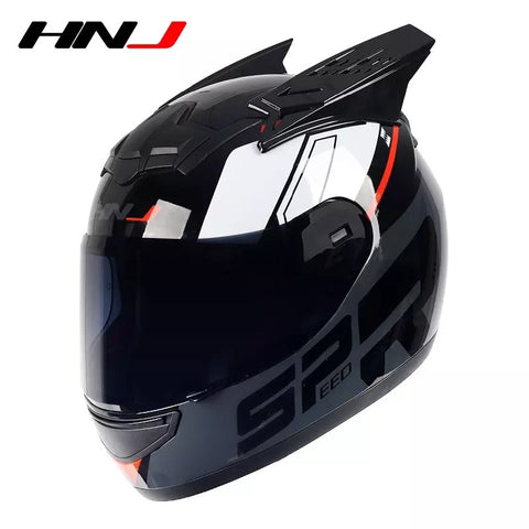 Black, Red, Gray & White HNJ Motorcycle Helmet with Horns & Clear Visor