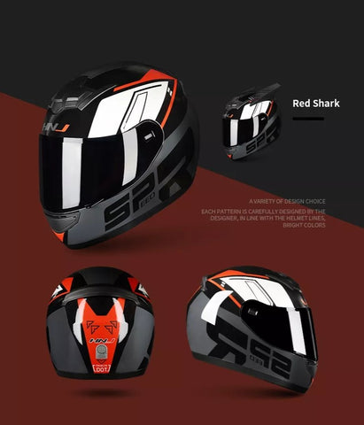 Black, Red, Dark Gray & White HNJ Motorcycle Helmet with Horns & Black Visor