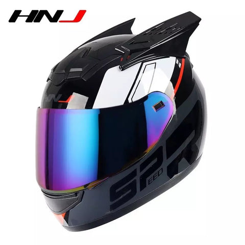 Black, Red, Gray & White HNJ Motorcycle Helmet with Horns & Clear Visor