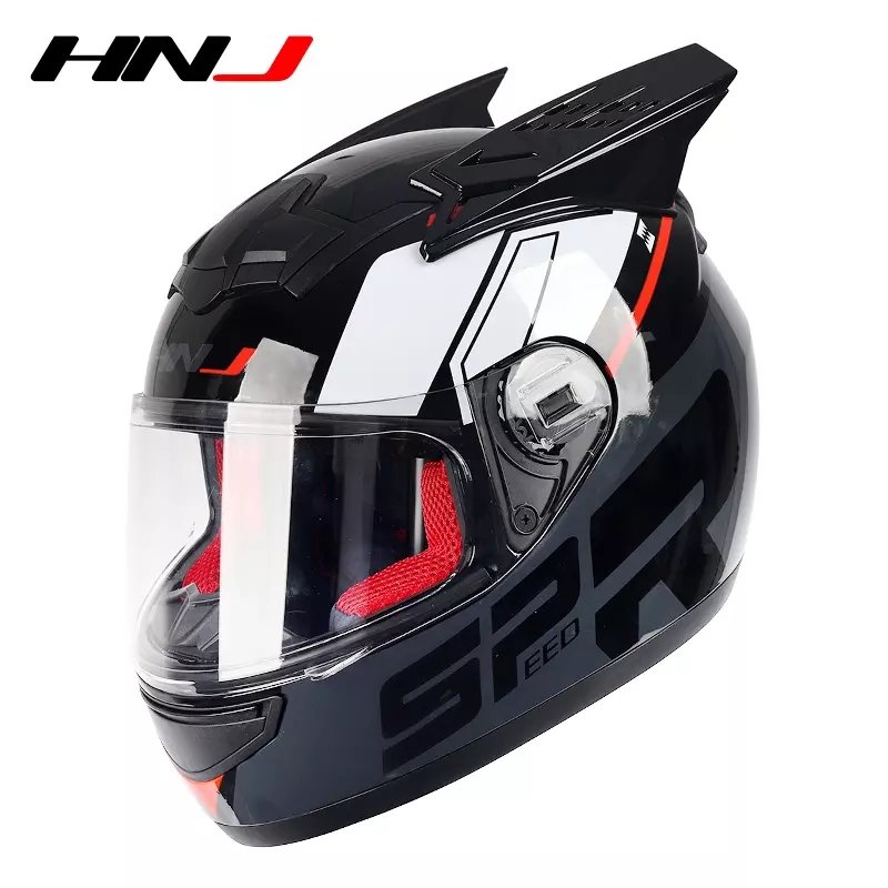 Black, Red, Gray & White HNJ Motorcycle Helmet with Horns & Clear Visor