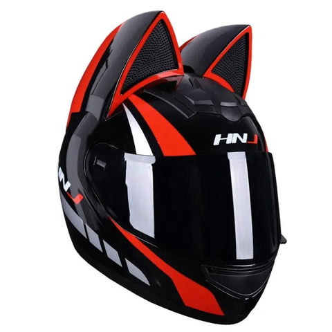 Black, Red & Silver HNJ Motorcycle Helmet with Cat Ears & Black Visor