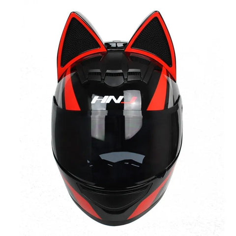 Black, Red & Silver HNJ Motorcycle Helmet with Cat Ears & Black Visor