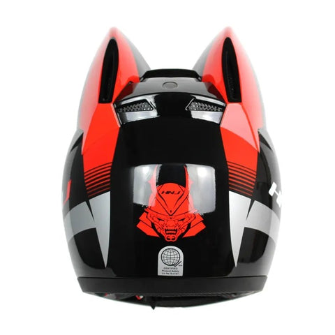 Black, Red & Silver HNJ Motorcycle Helmet with Cat Ears & Black Visor