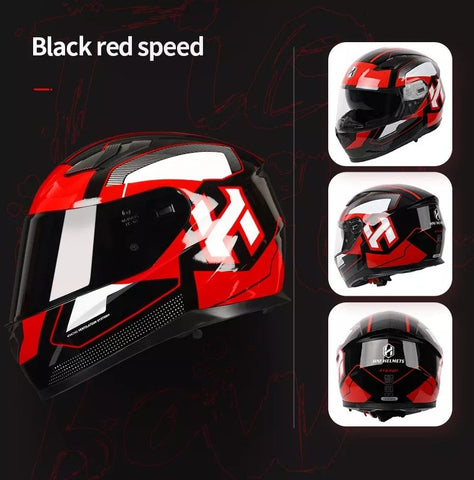 Black, Red & White Speed HNJ Motorcycle Helmet with Clear Visor