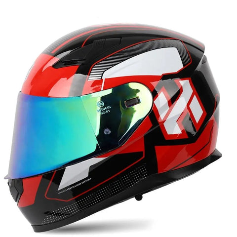 Black, Red & White Speed HNJ Motorcycle Helmet with Clear Visor