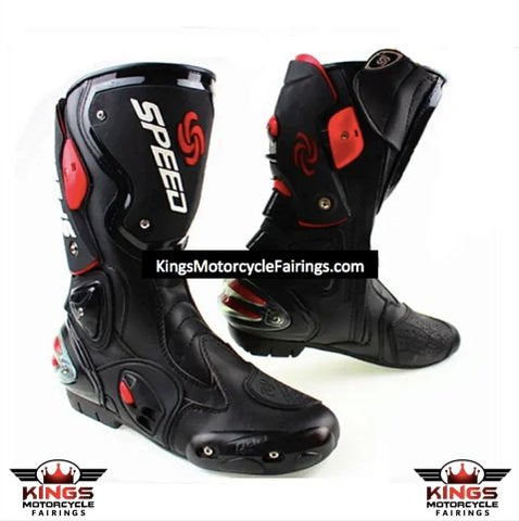 White, Black & Red Speed Leather Motorcycle Boots