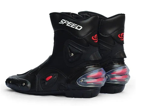 Black, Red & White Speed Leather Motorcycle Mid Boots