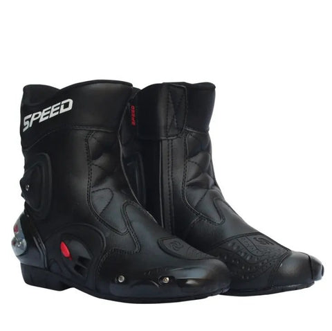 Black, Red & White Speed Leather Motorcycle Mid Boots