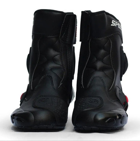 Black, Red & White Speed Leather Motorcycle Mid Boots